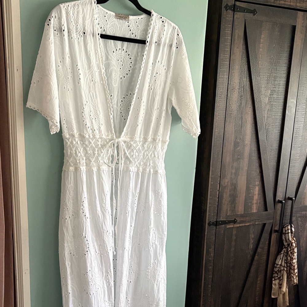 Bohemian White Eyelet Maxi Dress with Tie-Waist